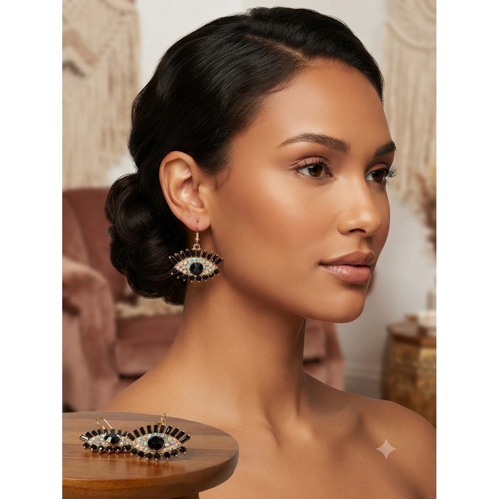 Gold Tone Evil Eye Crystal Drop Earrings Black Blue Iridescent Boho‎ Statement